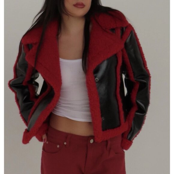 7 For All Mankind Faux Patent Leather Sherpa Moto Jacket Women's XS New with Tag - Picture 5 of 5